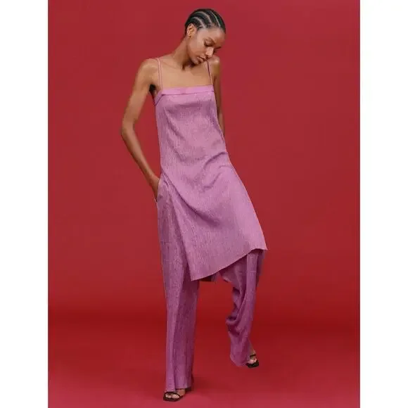 ZARA Pink Pleated Long Side Slits Sleeveless Tunic Top Women’s Size Medium NWT - Picture 2 of 12